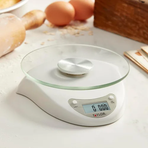 Miniatura 6 de Taylor Báscula digital de cocina con plataforma de vidrio, botón de tara y cuerpo de plástico que pesa hasta 11 libras de capacidad, color blanco