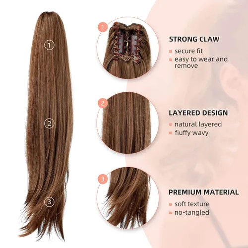 Miniatura 3 de Extensiones de cola de caballo, 60,96 cm de largo, cabello sintético ondulado, color marrón