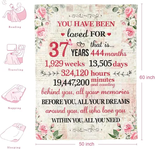 Miniatura 6 de Givetoyou Manta de cumpleaños número 37 para mujer, estampado floral rosa y blanco, 60 x 50 pulgadas, forro polar de poliéster, manta 34 años