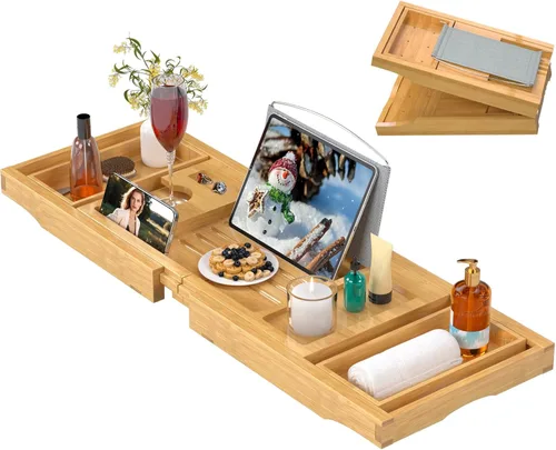 Miniatura 15 de Bandeja de bañera de madera de acacia, bandeja de baño plegable para bañera, bandejas de mesa de baño expandibles, accesorios de bañera y baño