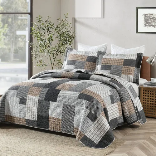 Miniatura 2 de Y-PLWOMEN - Juego de cama tamaño king de 3 piezas con edredón de algodón, colcha ligera a cuadros estilo granja, tamaño king, acogedora, reversible