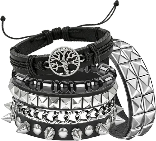 Miniatura 9 de Juego de 4 pulseras góticas de cuero negro, pulseras con tachuelas de pirámide, pulseras de muñeca punk rock para hombres y mujeres, conciertos