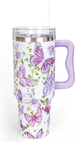 Miniatura 12 de Whaline Vaso patriótico del 4 de julio de 40 oz con asa, pajita y tapa, estrellas y rayas en rojo, azul y bandera de EE. UU., vaso de viaje del día