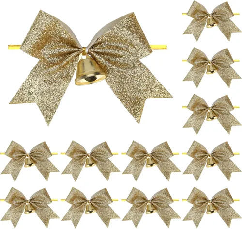 Meseey 12 piezas de lazos de Navidad con campana, lazos de 4 pulgadas de oro metálico con purpurina para regalos, lazos prehechos con lazo de