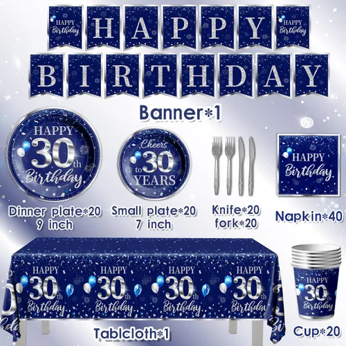 Miniatura 3 de GREHUMOR Juego de 142 piezas de cubiertos y mantel para decoración de cumpleaños número 30, plateado y azul, suministros de fiesta de cumpleaños