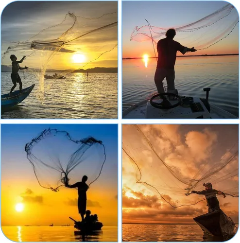 Miniatura 6 de Red de Atarraya Americana Hecha a Mano BalanZze, Red de Pesca de Lanzamiento para Trampa de Cebo de Peces, Redes de Lanzamiento con Pesas de Plomo