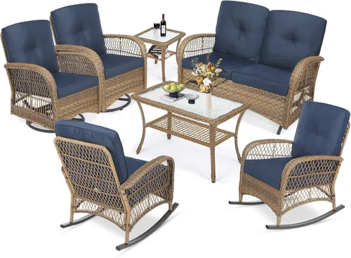 Miniatura 34 de MEETWARM Juego de 3 piezas de mimbre giratorio para patio al aire libre, mecedoras, juegos de muebles de patio de ratán con cojín grueso y mesa