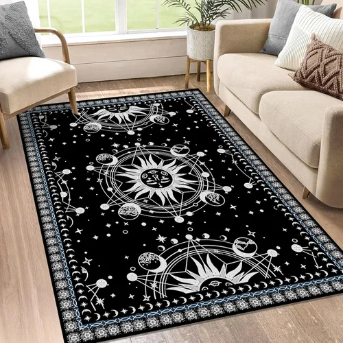 Miniatura 41 de 5' X 7' Alfombra con diseño de sol y luna, alfombras boho celestiales para dormitorio, sala de estar, estilo bohemio, oculto, media luna, solar