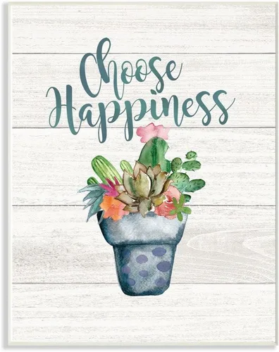 The Stupell Home Decor Collection mwp-462_wd_13x19 Choose Happiness Cactus Suculents - Placa de pared para acuarela