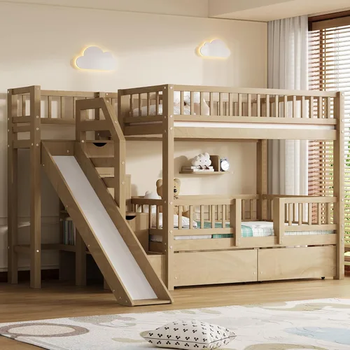 Miniatura 39 de Litera de casa individual sobre cama individual con tobogán convertible y nido, litera de madera maciza con techo y ventana para niños, verde-blanco