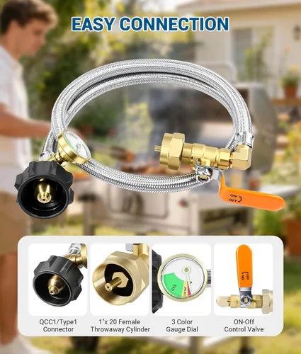 Miniatura 2 de DPB Adaptador de repuesto de propano de 3 pies para 1 libra. Manguera adaptadora de tanque de propano con medidor y válvula de control de Plateado
