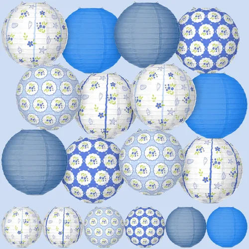 Rossesay 12 faroles de papel costeros azules de 8 pulgadas, farol colgante de flores azules para interiores y exteriores, decoración náutica de