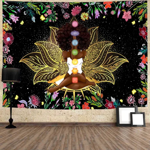 Miniatura 10 de Ine Ive Tapiz de chakra africano, mujer afroamericana, tapices de meditación zen, 40 x 30 pulgadas, cielo estrellado, flores, jardín, inspirador