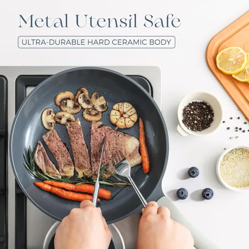 Miniatura 4 de PRICUSIS Juego de ollas y sartenes de cerámica antiadherentes, juego de 21 utensilios de cocina de inducción no tóxicos, 100% aptos para Gris