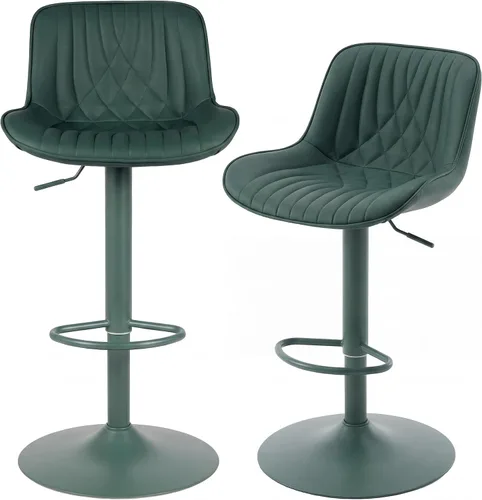Miniatura 8 de YOUTASTE Juego de 2 taburetes de bar de piel sintética, todos los taburetes de bar tapizados de color verde oscuro con respaldo, silla giratoria