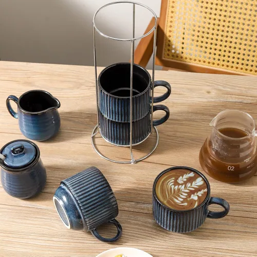 Miniatura 3 de glowworm Juego de 4 tazas de café apilables de 15 onzas con estante, tazas de cerámica para el hogar, oficina, inauguración de la casa y regalos
