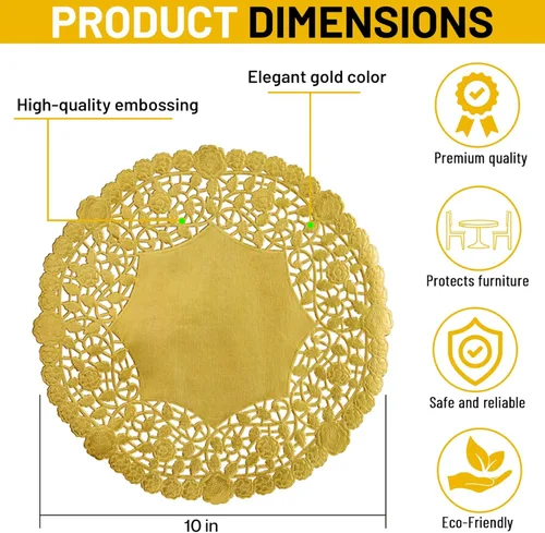Miniatura 4 de 50 manteles individuales de encaje dorado de 10 pulgadas, manteles individuales desechables decorativos dorados metálicos para bodas, postres, mesas