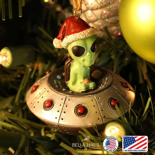 Miniatura 4 de Bella Haus Christmas Shoppe - Adorno de platillo volador con giro de abducción alienígena Divertida decoración navideña de ovni y vaca Ideal