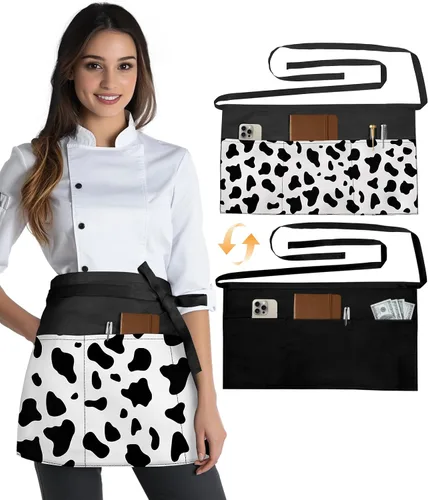 Miniatura 7 de Slohif Delantal Reversible de Servidor con 6 Bolsillos - Delantal de Cintura para Camarera Mujeres Delantal Corto de Media Porción Camarero