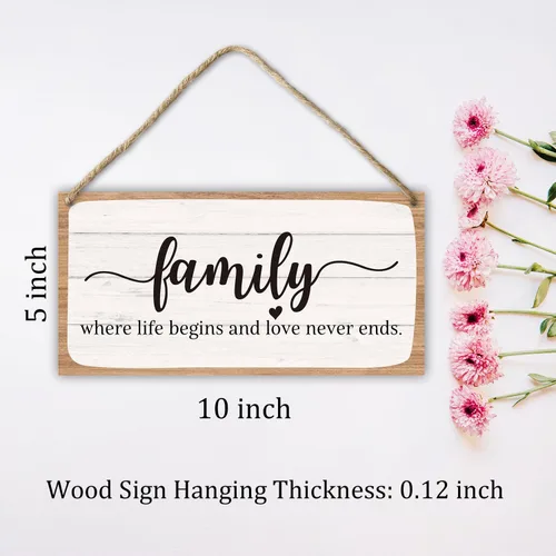 Miniatura 2 de Letrero colgante de madera para decoración de pared familiar, letrero con texto en inglés «Family Where Life Begins And Love Never Ends» (A01)