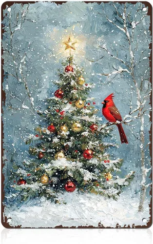 Letrero de Estaño de Árbol Navideño Decorado con Pájaro Rojo Invernal Letrero de Metal Vintage Nevado Invernal para Decoración de Pared del Hogar