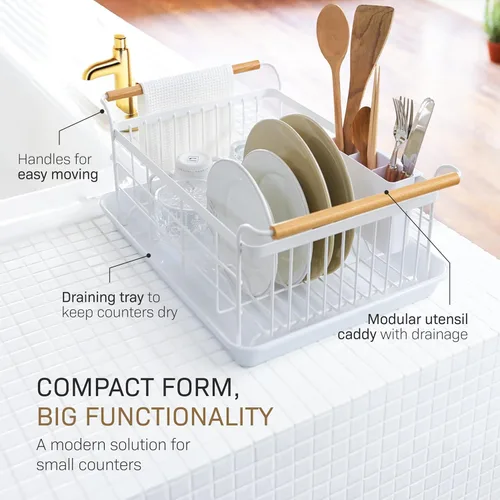 Miniatura 3 de Yamazaki Home Escurridor de Platos – Escurridor de Platos Blanco Moderno para Encimera de Cocina con Bandeja Escurridora Extraíble y Soporte