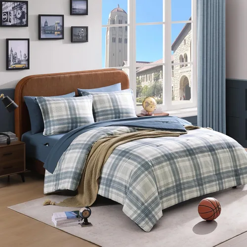 AMBERSPACE Juego de edredón tamaño matrimonial, juego de ropa de cama a cuadros azul gris de 7 piezas para niños, niñas y adolescentes, juego de