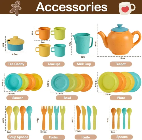 Miniatura 6 de BUYGER Accesorios de cocina para niños y juego de té para niños pequeños de 3 a 5 años, platos de juguete de cocina, utensilios, juego de vajilla