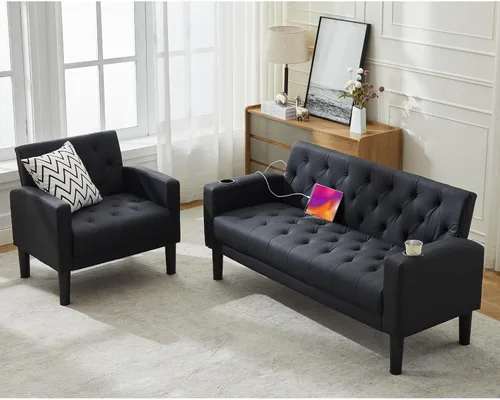 Miniatura 19 de TYBOATLE Sofá loveseat de 62" de ancho con 2 puertos de cargador USB y 2 portavasos, sofá de amor pequeño tapizado de cuero negro estilo moderno