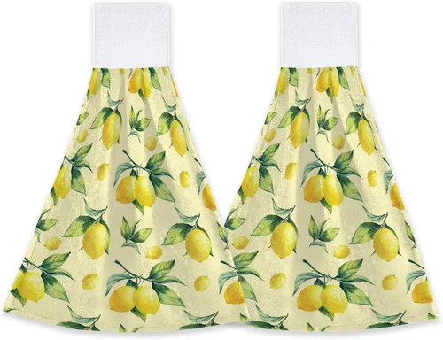 Juego de 2 toallas de mano amarillas con lazo de fruta de limón y lazo de secado rápido, toallas suaves para cocina, platos de té, toallas para