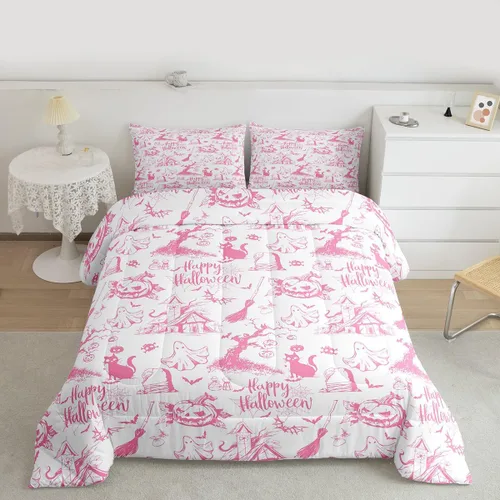 Miniatura 31 de Juego de edredón rosa con temática de Halloween, tamaño individual, edredón de farol de calabaza para adolescentes, juego de ropa de cama de Multi