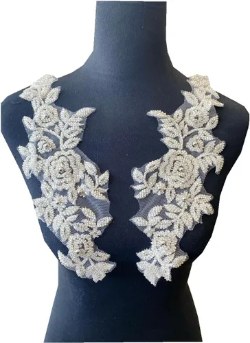 Miniatura 8 de PLune Apliques de encaje con cuentas, parches perfectos para vestidos de boda, accesorios de ropa, un par/bolsa, 5.5 x 12.9 pulgadas (azul)