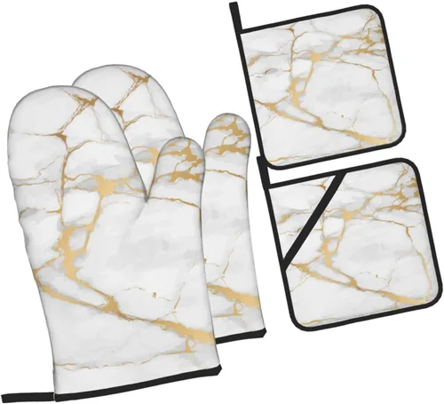 Manoplas de horno y soportes para ollas, arte de mármol blanco y dorado, juego de 4 guantes de cocina resistentes al calor, antideslizantes, para