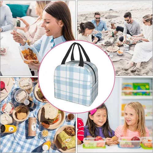 Miniatura 7 de Lonchera con diseño a cuadros azules aislada, bolsa térmica para almuerzo para adultos, niños, niñas, mujeres, oficina, trabajo, escuela, picnic