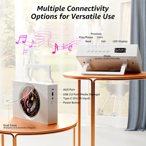Miniatura 7 de Reproductor de CD portátil Boombox con Bluetooth - Reproductor de CD recargable con radio FM, USB, AUX, control remoto - Sistema de sonido estéreo