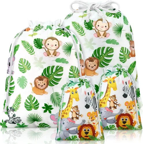 4 bolsas con cordón de safari de animales, regalos de selva, regalos de fiesta, bolsas de golosinas para baby shower, revelación de género,