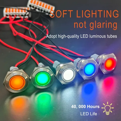 Miniatura 5 de 2 piezas de 16 mm (5/8") luz indicadora LED, 12-24V AC/DC 20mA, lámpara piloto de metal impermeable IP67 de ahorro de energía, lámpara plana de Verde