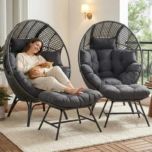 Miniatura 10 de NICESOUL Silla con forma de huevo de mimbre con otomano, silla de salón con cesta de huevo para interior y exterior con cojín, asiento de huevo