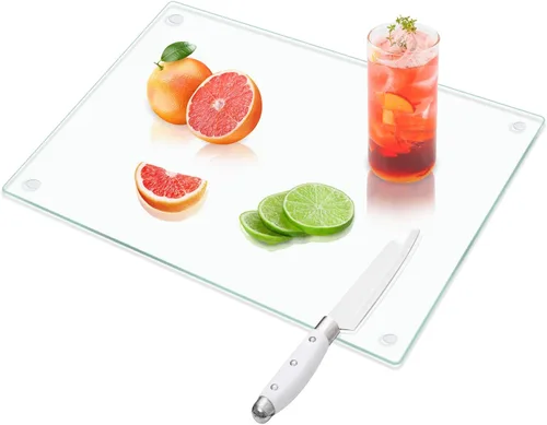 VASUHOME Tabla de cortar de vidrio templado para cocina (12 x 16 pulgadas), tabla de cortar de vidrio transparente de larga duración para encimera,