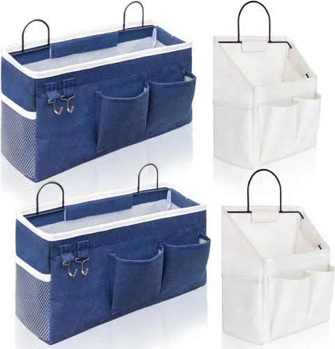 Kanrichu 2 bolsas de almacenamiento grandes y 2 piezas pequeñas para colgar en la pared para el hogar y cámper (azul y blanco)