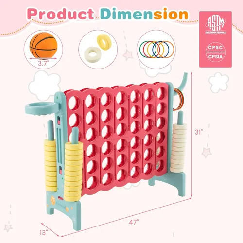 Miniatura 8 de COSTWAY Juego gigante gigante de 4 en puntuación con bolsa de transporte, juego de 2.5 pies para interiores y exteriores con aro de baloncesto