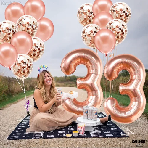 Miniatura 5 de KatchOn, Globos de oro rosa con el número 33, 40 pulgadas, decoraciones de cumpleaños número 33 para mujer, globo de cumpleaños 33 con globos