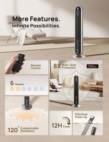 Miniatura 7 de DREO Combo de ventilador de torre y calentador, ventiladores de pie de 29.2 pies/s para dormitorio, 17 niveles, 6 modos, oscilación de 120°, 42