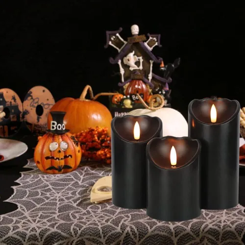Miniatura 6 de Velas de pilar sin llama negras con temporizador de 6H, alimentadas por batería AAA, mecha y cera reales, velas LED parpadeantes con tema