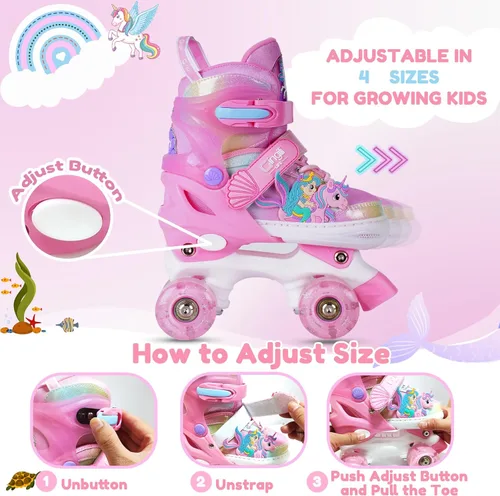 Miniatura 5 de Patines de ruedas para niñas de 3 a 12 años, patines ajustables con luz para niños pequeños, principiantes, unicornio, sirena, arco iris, regalo Rosa