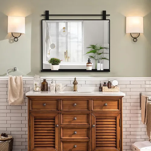 Miniatura 13 de ANYHI Espejos de baño para pared, espejo de pared de metal con estante, perfecto para sala de estar, dormitorio, entrada, rectangular, vertical Negro