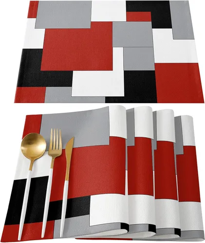 Miniatura 7 de Juego de 4 manteles individuales negros y amarillos, antideslizantes, lavables, manteles individuales de mesa de retazos de arte abstracto para mesa