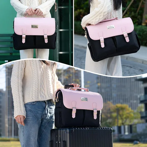 Miniatura 4 de Bolsa de mano para laptop para mujer, bolsa de trabajo de lona de 15.6 pulgadas con 17 bolsillos, color negro y beige, elegante, duradera y ligera