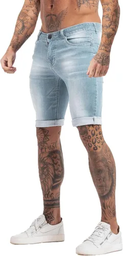 Miniatura 3 de GINGTTO Pantalones cortos de mezclilla para hombre, corte ajustado, elásticos, rasgados