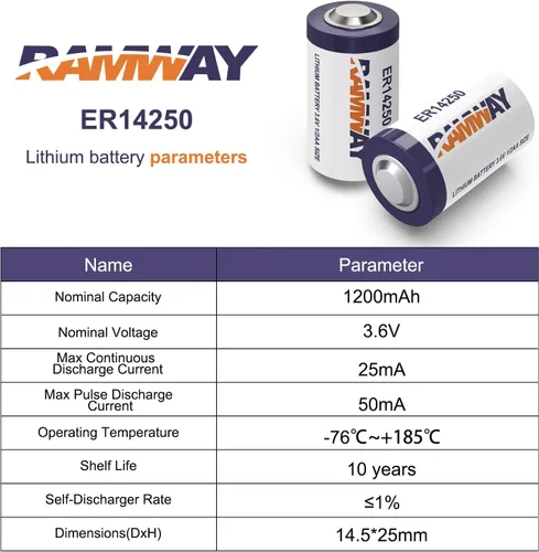 Miniatura 5 de KBT KEEP BETTER TECH RAMWAY ER14250 - Batería de litio de 3,6 V, tamaño 1/2 AA LS14250, 1200 mAh de alta capacidad, baterías de litio Li-SOCL2